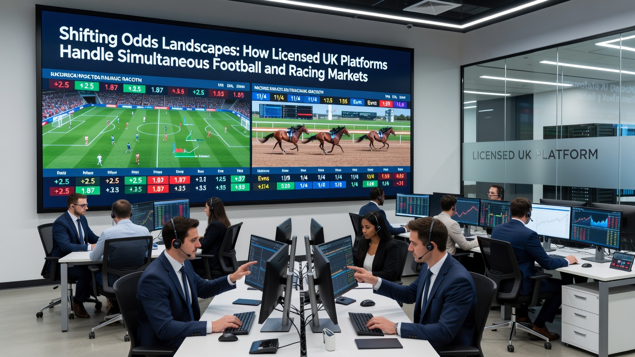Real-time dashboard showing concurrent football and racing odds recalculations on a licensed UK platform
